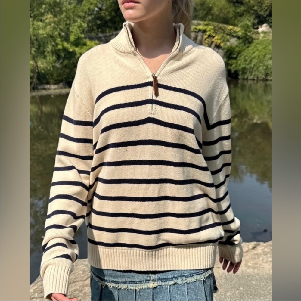 Brandy Melville Aleah Striped 1/4 Zip Sweater Cream and Black